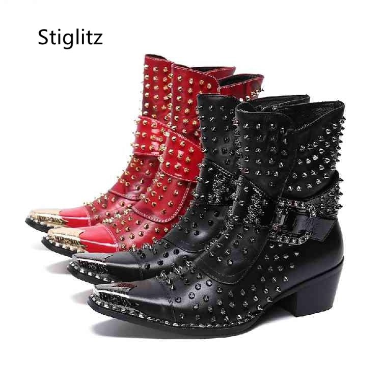 Metal Buckle Embroidery Rivet High-Heeled Ankle Boots for Men Western Knight Boots Iron Pointed Toe Men's Shoes Chelsea Boots