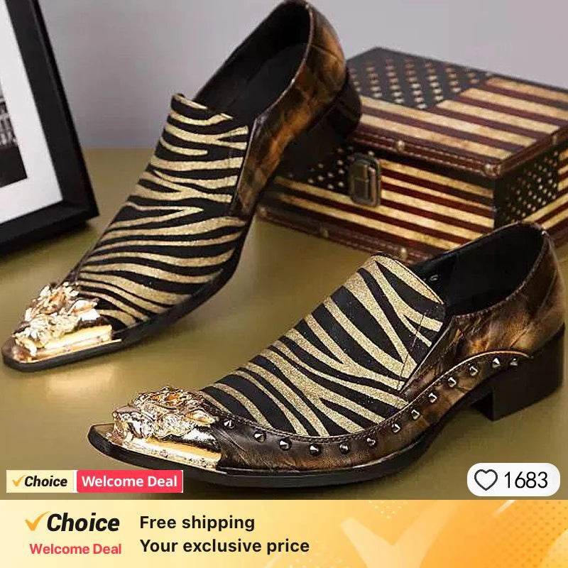 2024 Western Fashion Pointed Metal Toe Dress Shoes Blue Grey Party Wedding Leather Shoes for Men