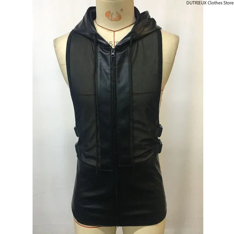 Men's Leather Stitching Net Shirt Motorcycle Leather Vest Top Sexy See-through Hooded Vest Muscular Men Fitness Vest Tank Top Me