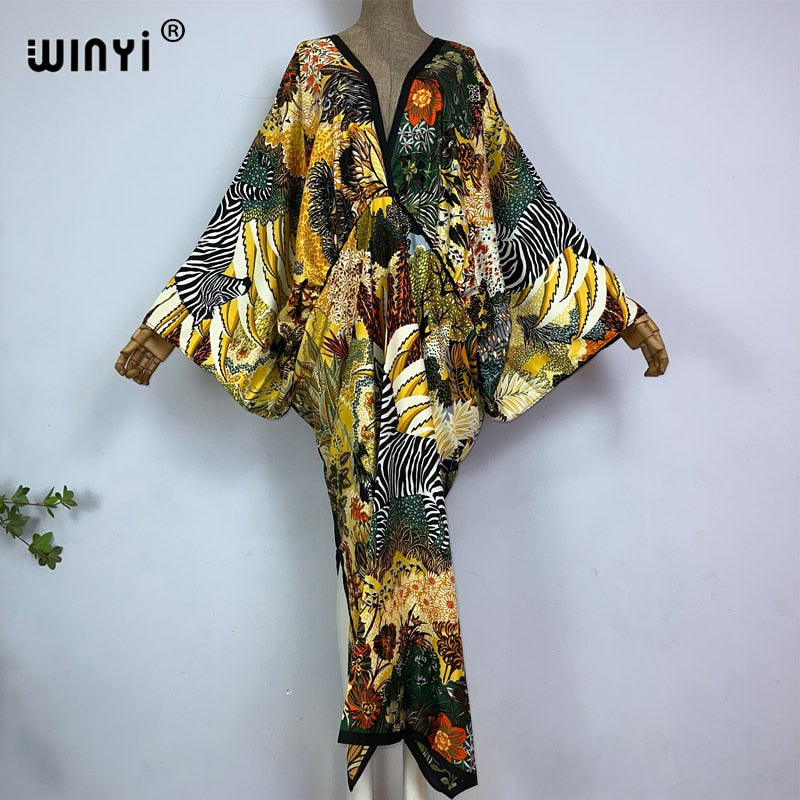 Sexy bech high-quality hand-rolled feel silk rayon fashion print 2021 WINYI Maxi women&#39;s robes long beach V-neck Bohemian dress