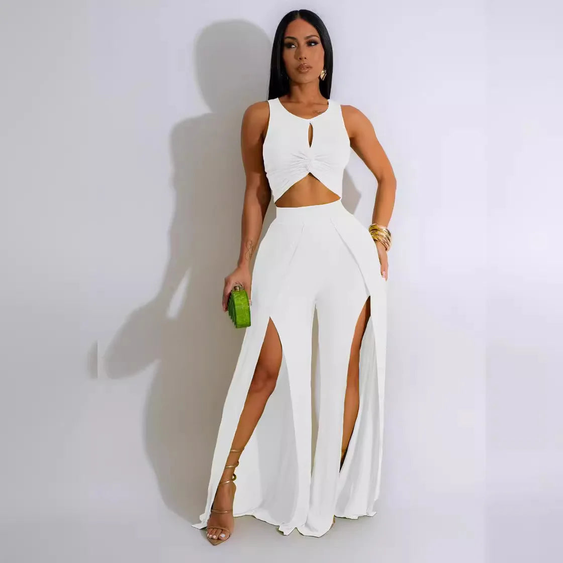 Summer Fashion Street Two Piece Set Women Sexy Solid Sleeveless Top Split Wide Leg Pants Two Piece Set Women