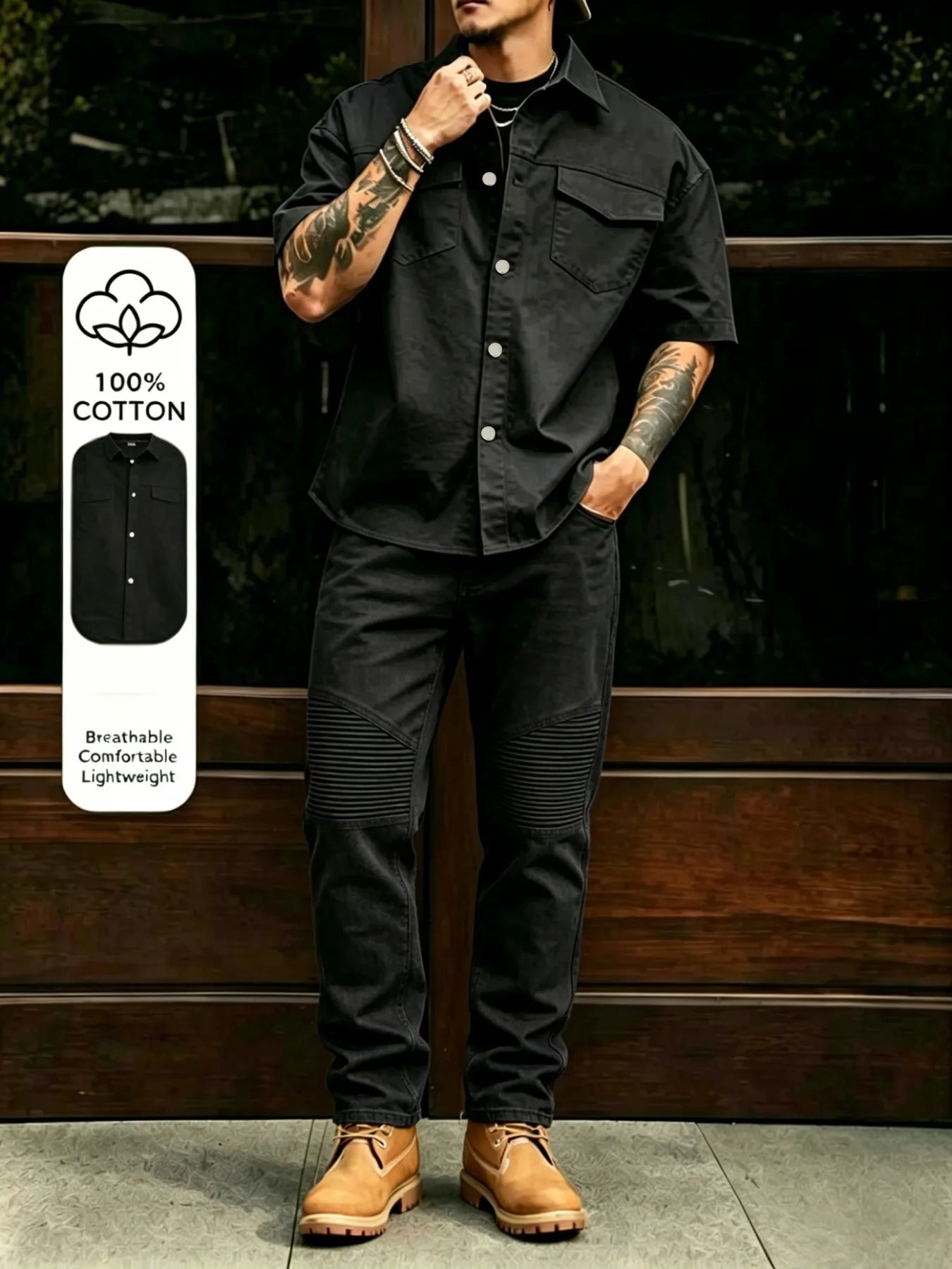 Men's Casual Workwear 100% Cotton Multi-Pocket Short-Sleeved Shirt Pants Set Male Cargo Overalls Streetwear Short Sleeve Button