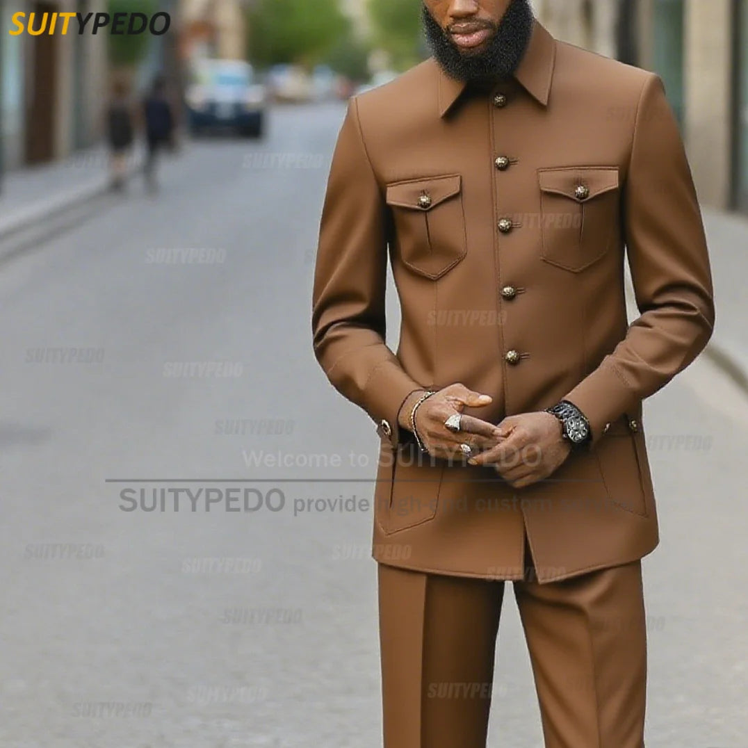 Fashion Stand Collar Men's Suit Newest Smart Casual Four Pockets Prom Formal Hommes 2 Pieces Blazer And Pants Sets Texudos