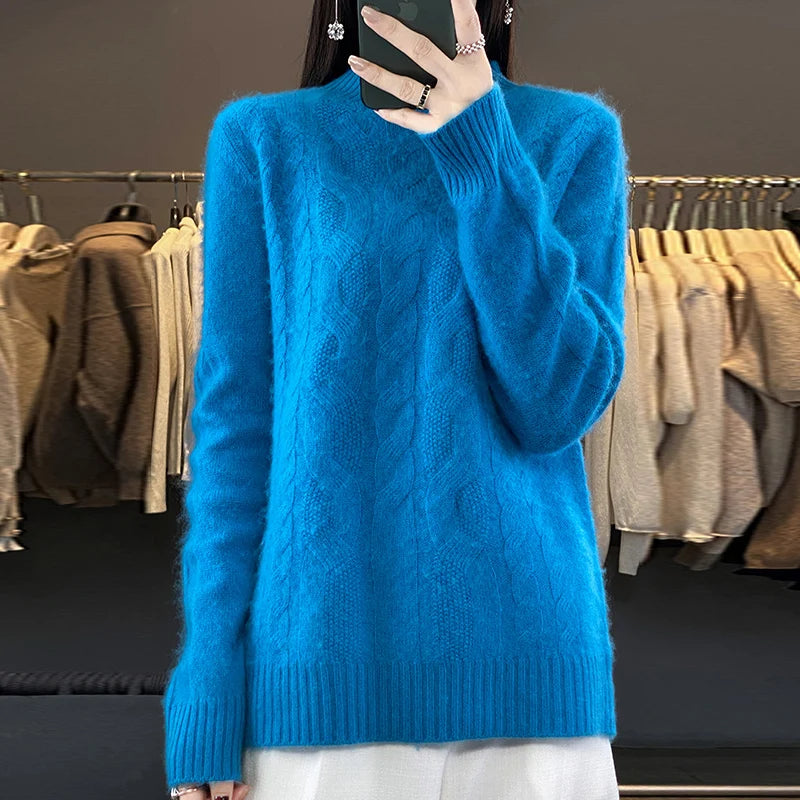 Jueqi Cashmere Sweater Women's Half High Neck Pullover Twisted Flower Thickened Sweater 100% Pure Wool Bottom YSN-359