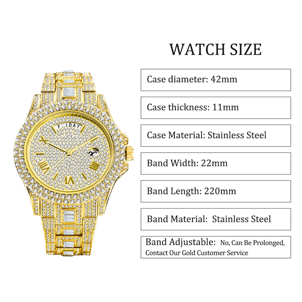 Vollvergoldete Eisuhr für Herren, Luxuriöse goldene Hip-Hop-Diamant-Quarz-Herrenuhren, Wasserdicht, Tagesdatum, Bestsellerprodukt 2023
