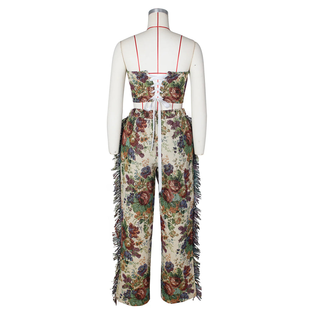 CM.YAYA Fashion Print Women's Set Strapless Top and Wide Leg tassel Pants Summer Cargo Street Two 2 Piece Set Outfit Tracksuit