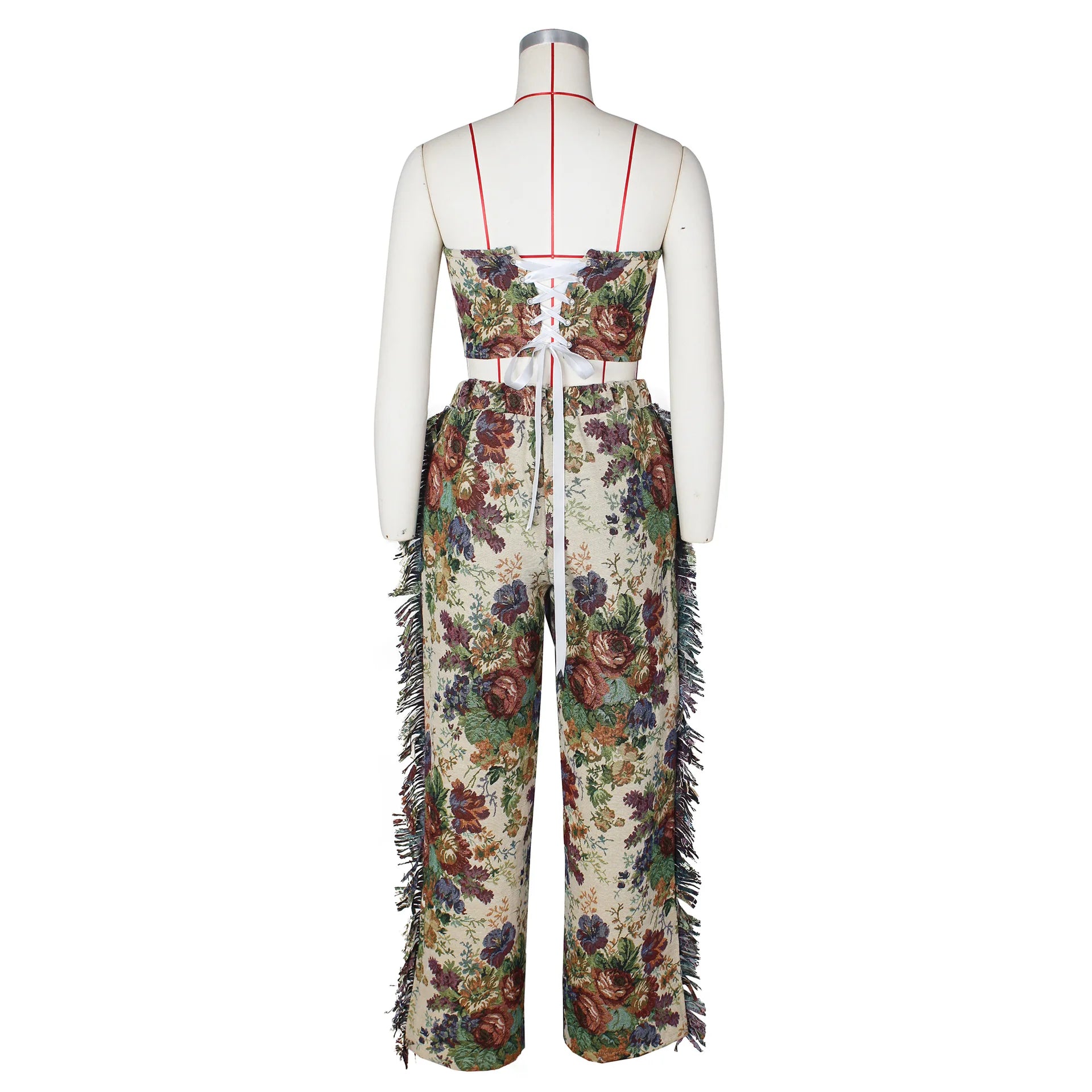 CM.YAYA Fashion Print Women's Set Strapless Top and Wide Leg tassel Pants Summer Cargo Street Two 2 Piece Set Outfit Tracksuit