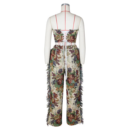 CM.YAYA Fashion Print Women's Set Strapless Top and Wide Leg tassel Pants Summer Cargo Street Two 2 Piece Set Outfit Tracksuit