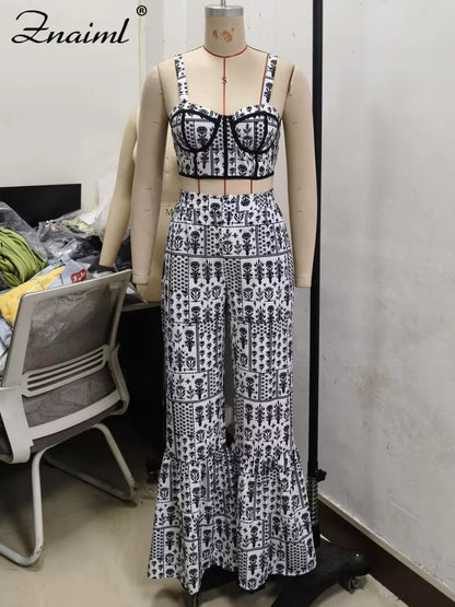 Znaiml Sexy Spaghetti Strap Backless Crop Top and Flare Pants 2 Pieces Set Woman Fashion Black White Print African Outfits