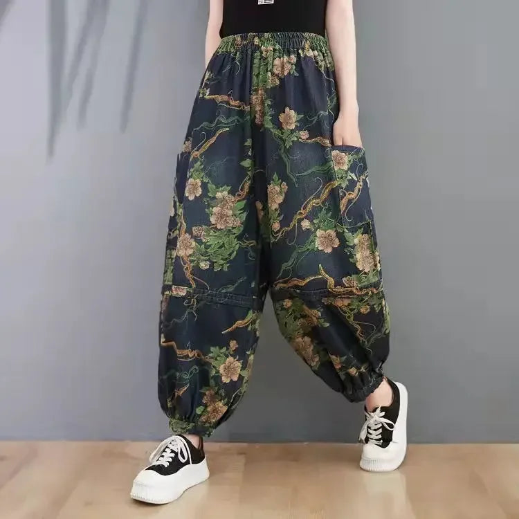 New Fashion Ladies Printed Floral Jeans Women Vintage Blue Denim Pants Female Street Style Oversized Bloomers Pantalons
