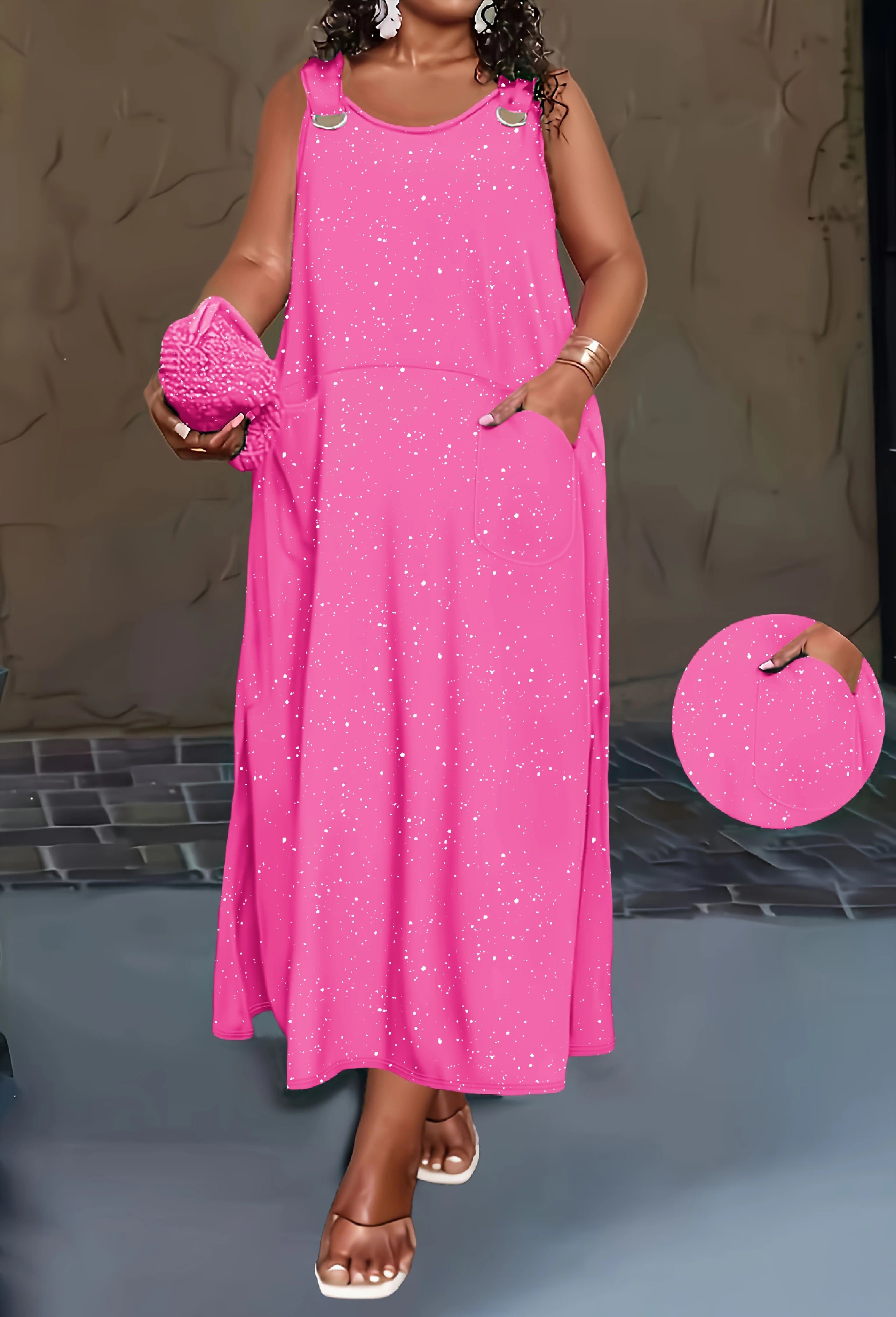 plus Size European And American Cross-Border Spring/Summer New Style Women's Solid-Color Powder-Sprinkled Dress