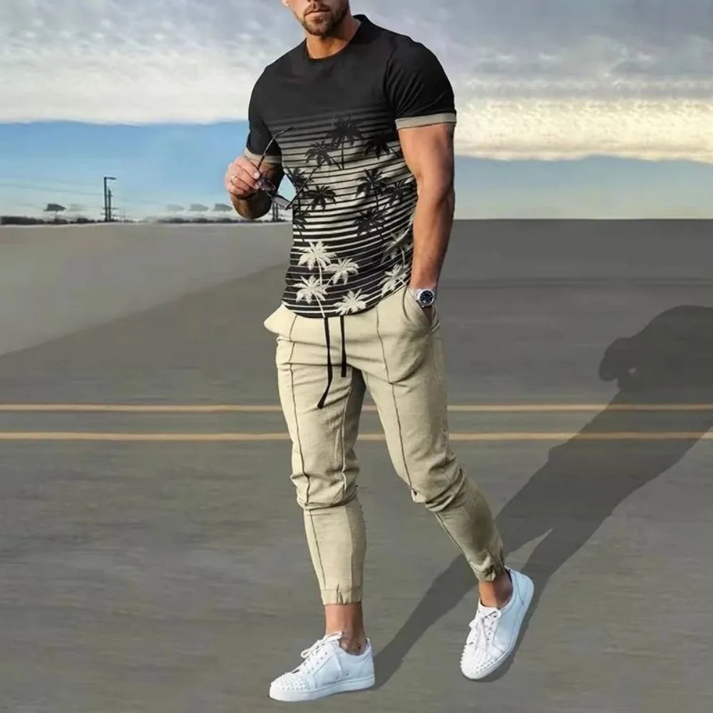 New Men's Comfortable Breathable Short Sleeve Round Neck T-shirt Pants Set 3D Printed Latest Retro Outdoor Leisure Set