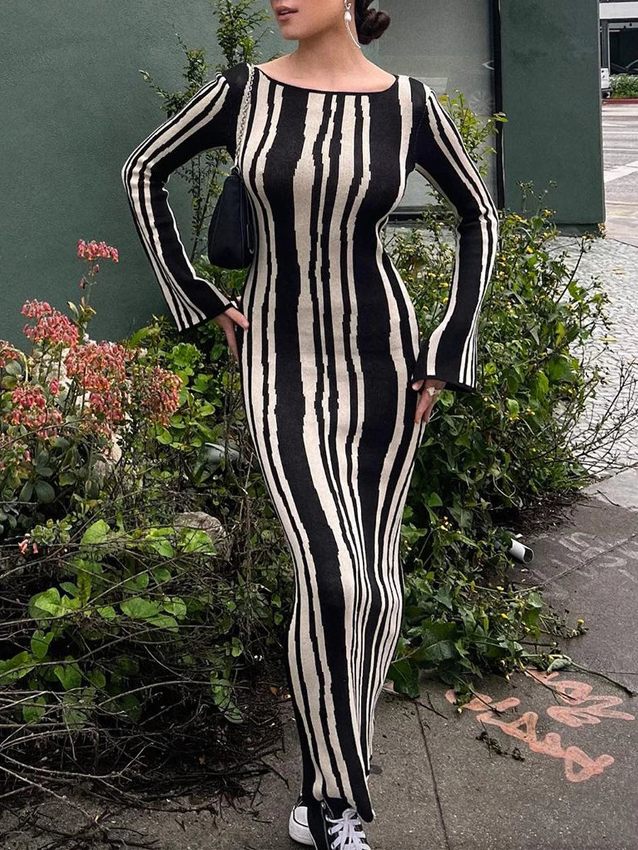 Knitted Stripe Wave Maxi Long Dress Women 2023 New Fashion Elegant Bodycon Dress Ladies Sexy Slim Flare Sleeve Dress Party Dress