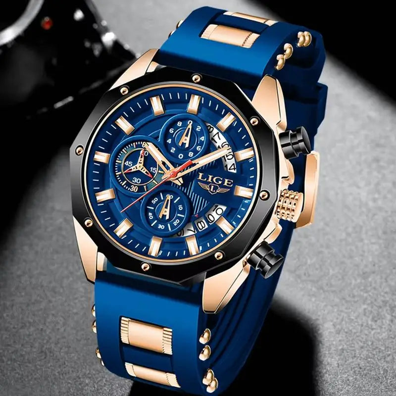 LIGE Casual Sport Men Watch Luxury Quartz Men Watches Military Silicagel Wristwatch Fashion Waterproof Chronograph Watch for Men