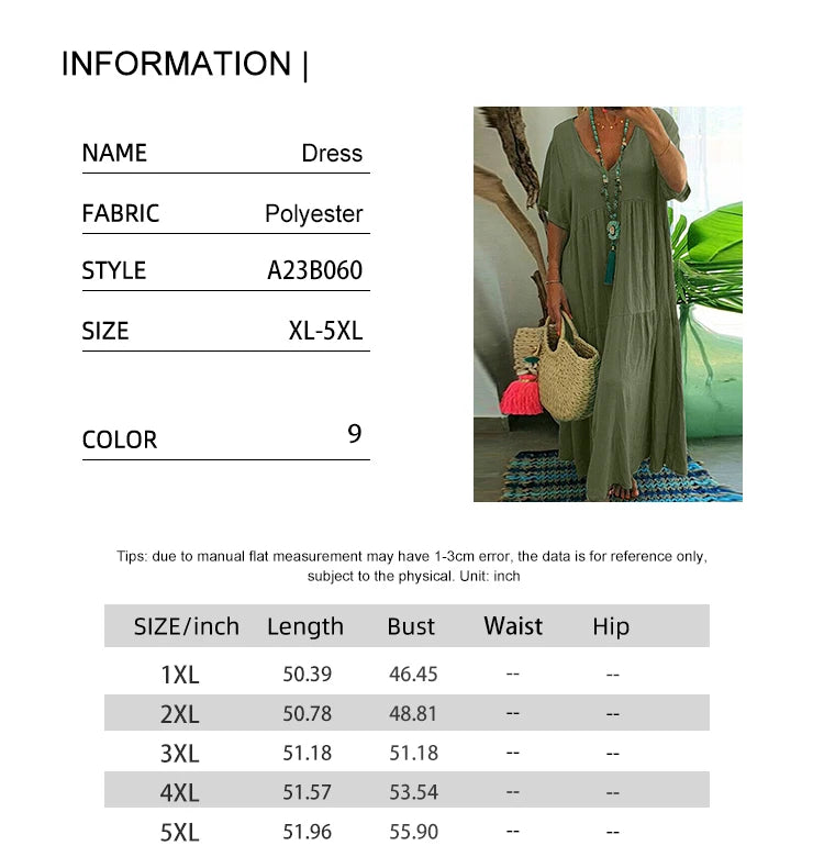 Damen Übergröße Lässiges lockeres V-Ausschnitt Einfarbiges langes Kleid Frühling Sommer Plissee Big Size Damenkleid