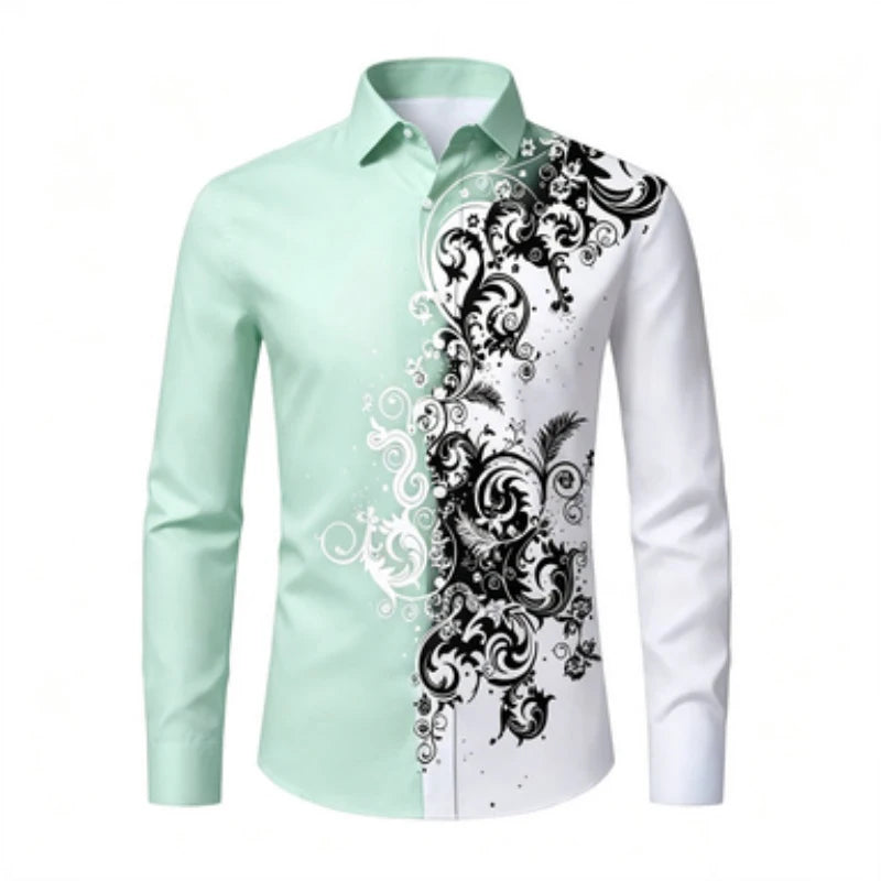 Men's long sleeved shirt, European and American men's printed long sleeved shirt, collared European patterned shirt, trendy casu