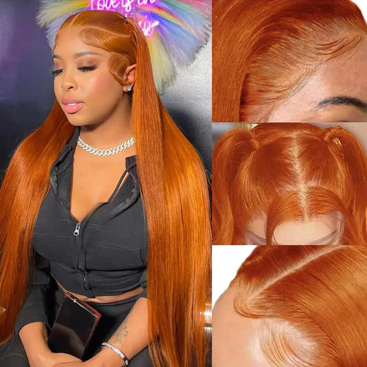 34 Zoll Orange Ingwer Lace Front Perücken Echthaar für Frauen Glatt 13x4 13x6 Lace Frontal Perücke 350 Farbig Vorgezupft Peruanisch
