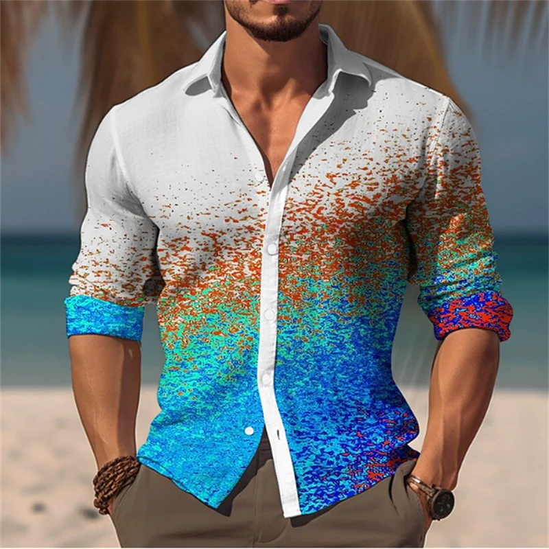 men's T-shirt suit button shirt half splicing trend new geometric flower clear pattern soft and comfortable shirt clothing