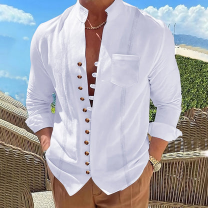 Men's new cotton and linen pocket retro stand-up collar long-sleeved shirt Casual multi-button solid color striped cardigan
