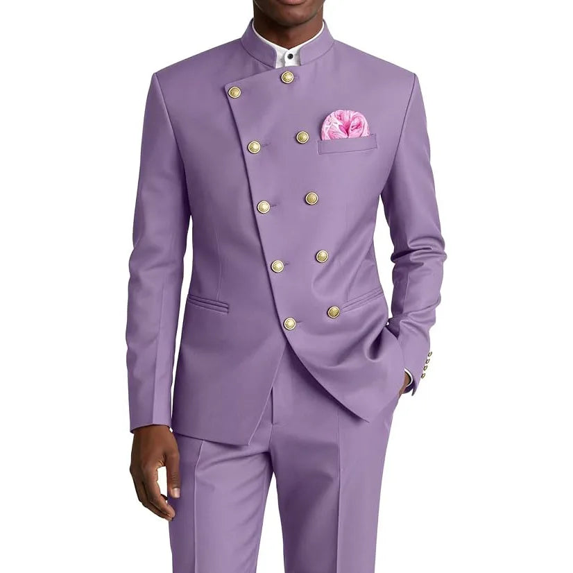 Men's Business Casual Suit 2 Piece Brown Mandarin Collar Double Breasted With Gold Buttons