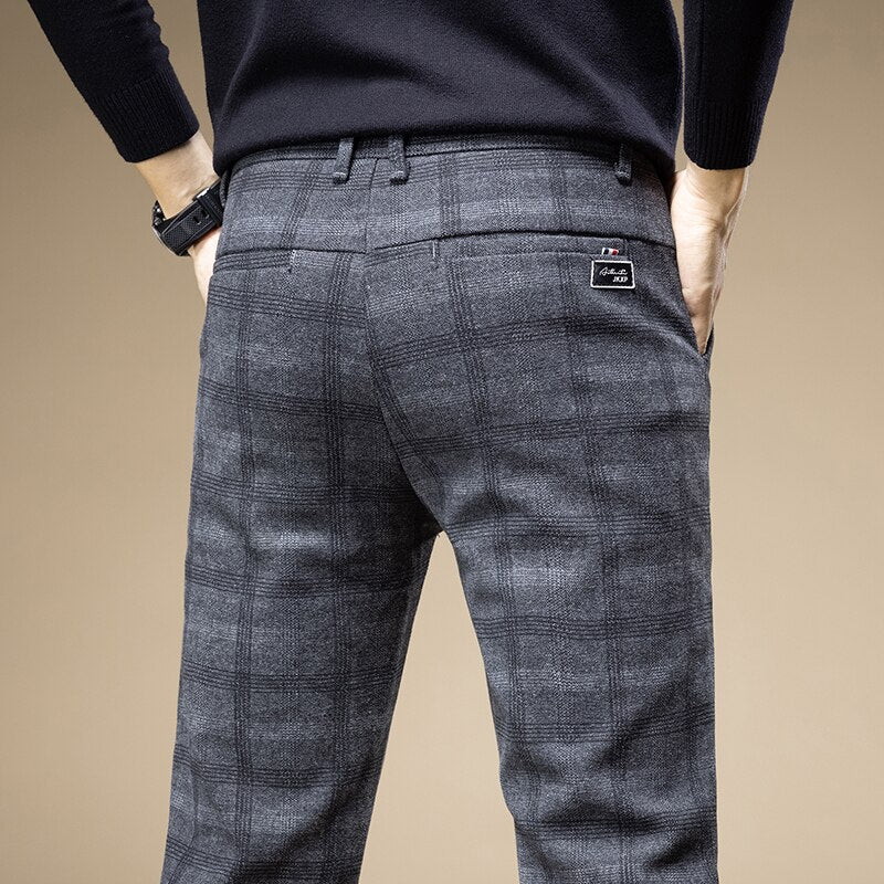 New Spring Autumn Classic Plaid Work Stretch Pants Men Cotton Business Straight Fit Grey Black Blue Korea Casual Trousers Male