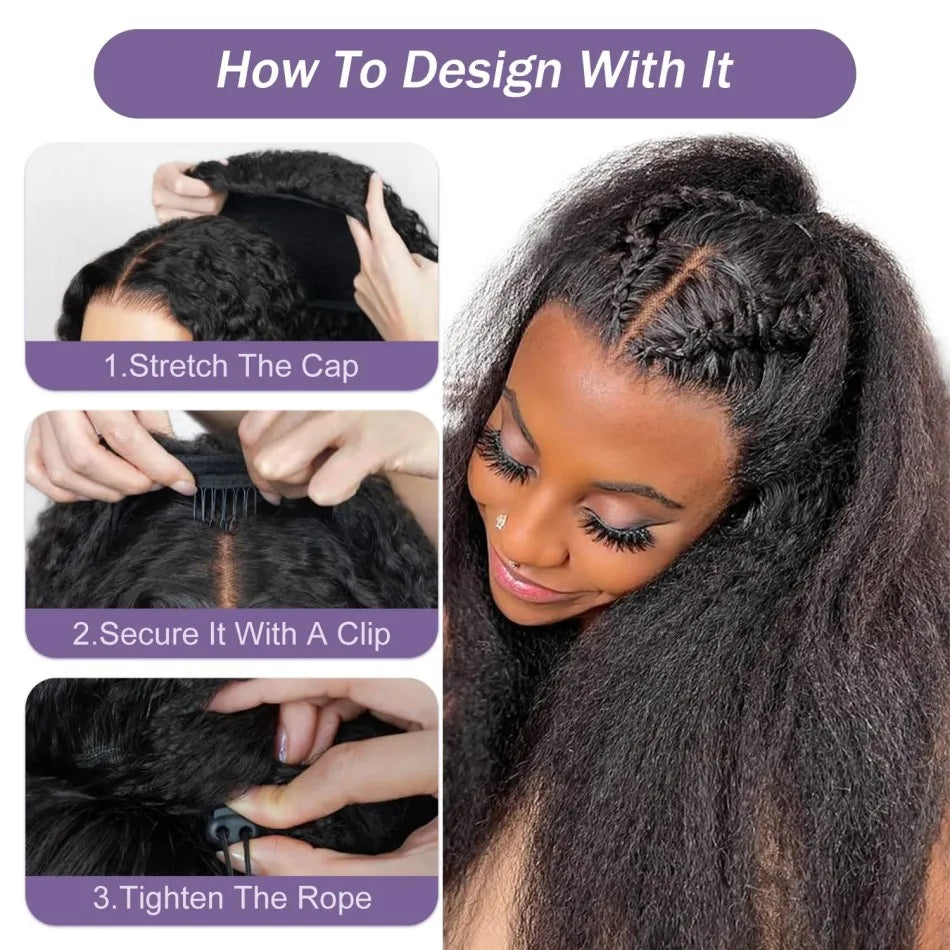 250 Density Kinky Straight Half Wigs Human Hair Flip Over Gluless 3 In 1 Half Wig With Drawstring 40 Inch Wear And Go For Women