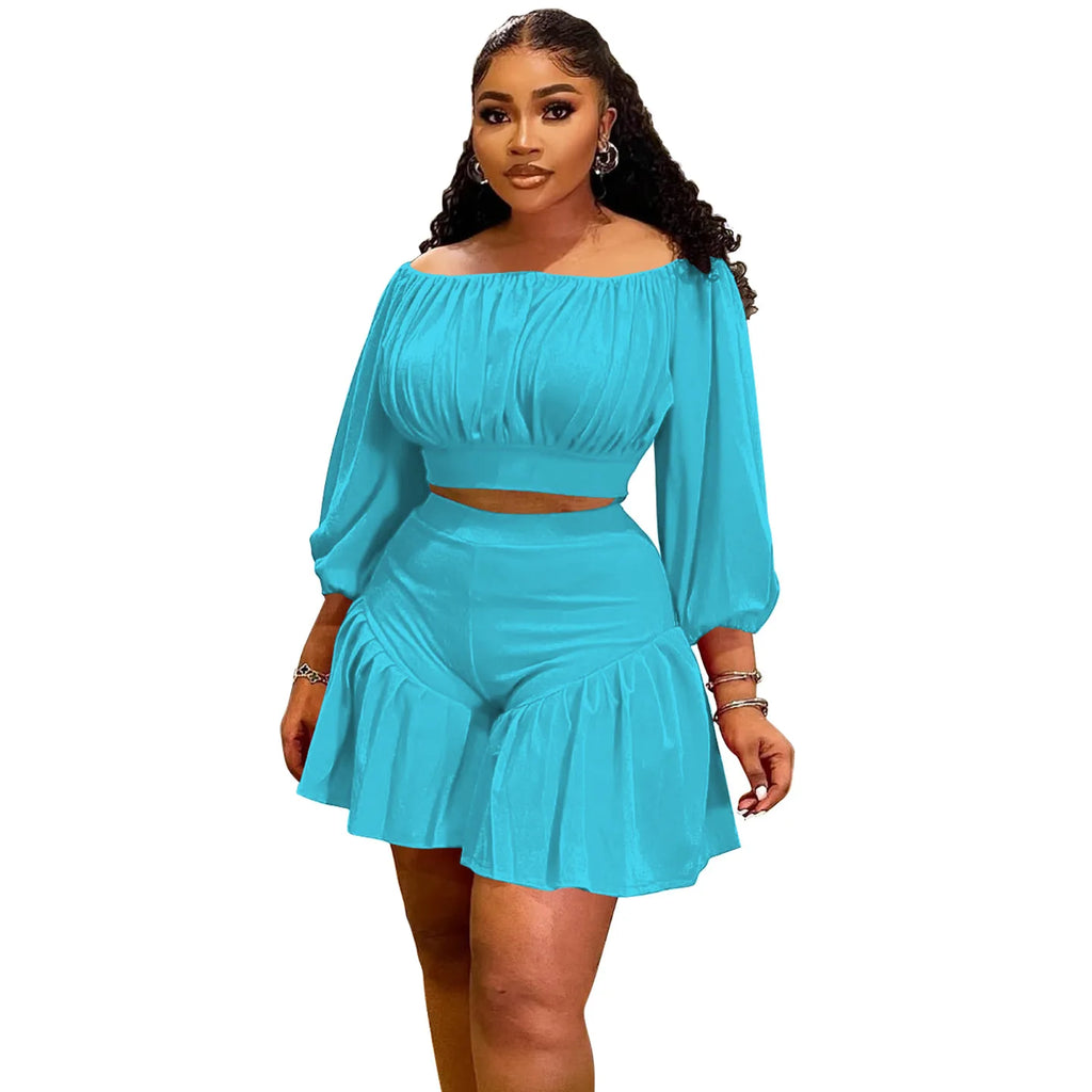 CM.YAYA Plus Size Women's Set Long Sleeve Slash Neck T-Shirt and Shorts  Summer Ruched Two 2 Piece Set Outfits Tracksuit