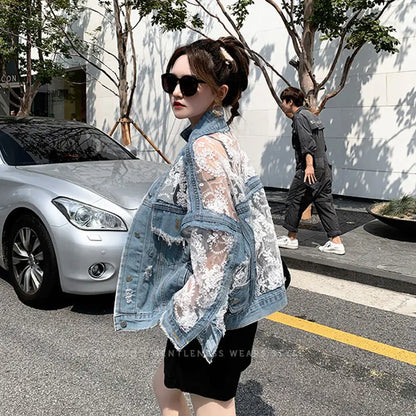 Mesh Embroidery Hole Denim Jacket  Summer Lace Stitching Girlish Top