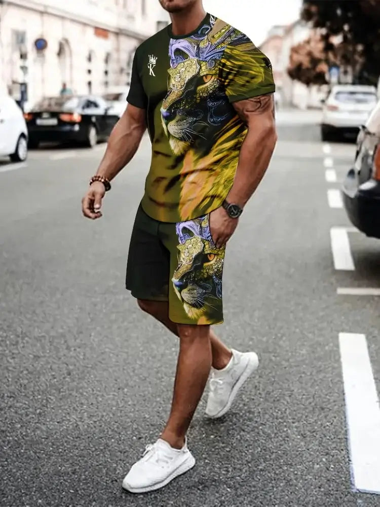 Herren Sommer Kurzarm-Set Hip-Hop Cartoon Bären-Print Kurzarm-Oberteil Shorts Lässiger Zweiteiler Outdoor Urban Street Fashion