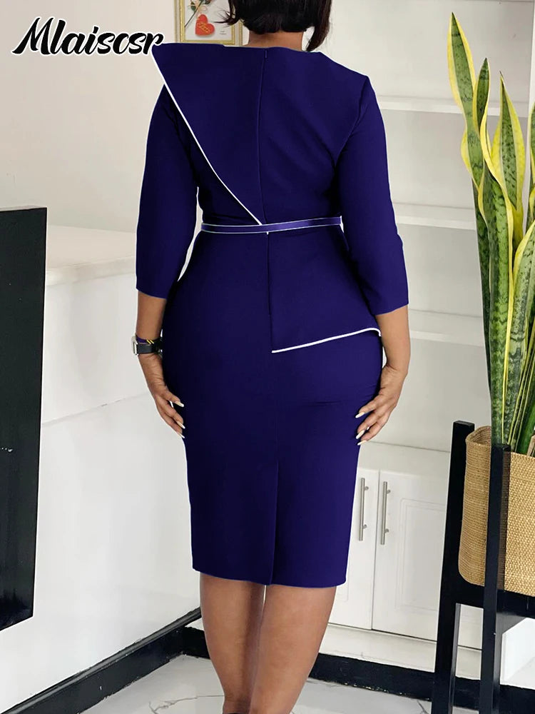 Mlaiscsr Fashion African Mid Dresses with Belt Women 3D Flowers 3/4 Sleeve O-neck Party Evening Office Lady Bodycon Vestidos