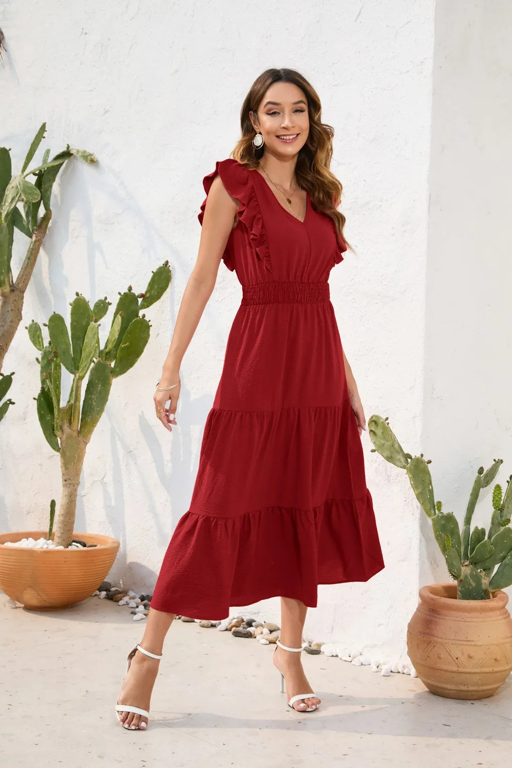 Summer Woman Dress V Neck Sleeveless Red Dresses High Waist A Line Green Maxi Dress Tiered Skirt Boho Black Casual Dress