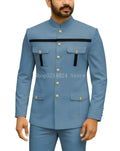 Mens Safari Suit 2 Piece Regular Fit Chinese Suit Stand Collar Gold Button Blazer Pants Set African Outfits