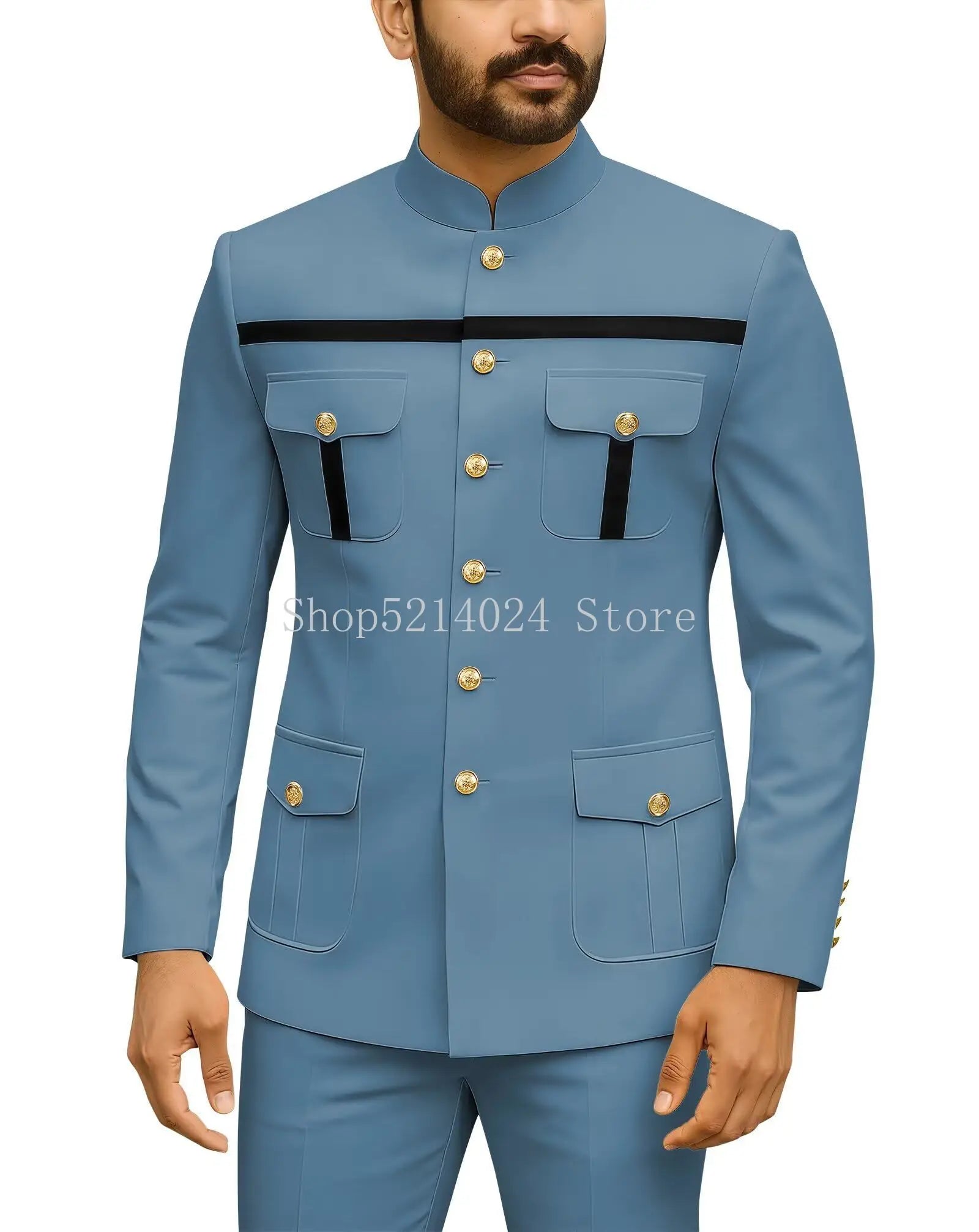 Mens Safari Suit 2 Piece Regular Fit Chinese Suit Stand Collar Gold Button Blazer Pants Set African Outfits