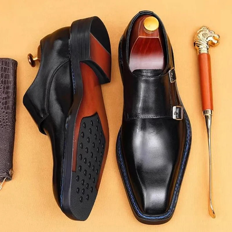 Hochwertige Herrenschuhe aus Rindsleder, eckige Zehenpartie, Doppel-Monk-Strap, Herren-Businessschuhe zum Hineinschlüpfen