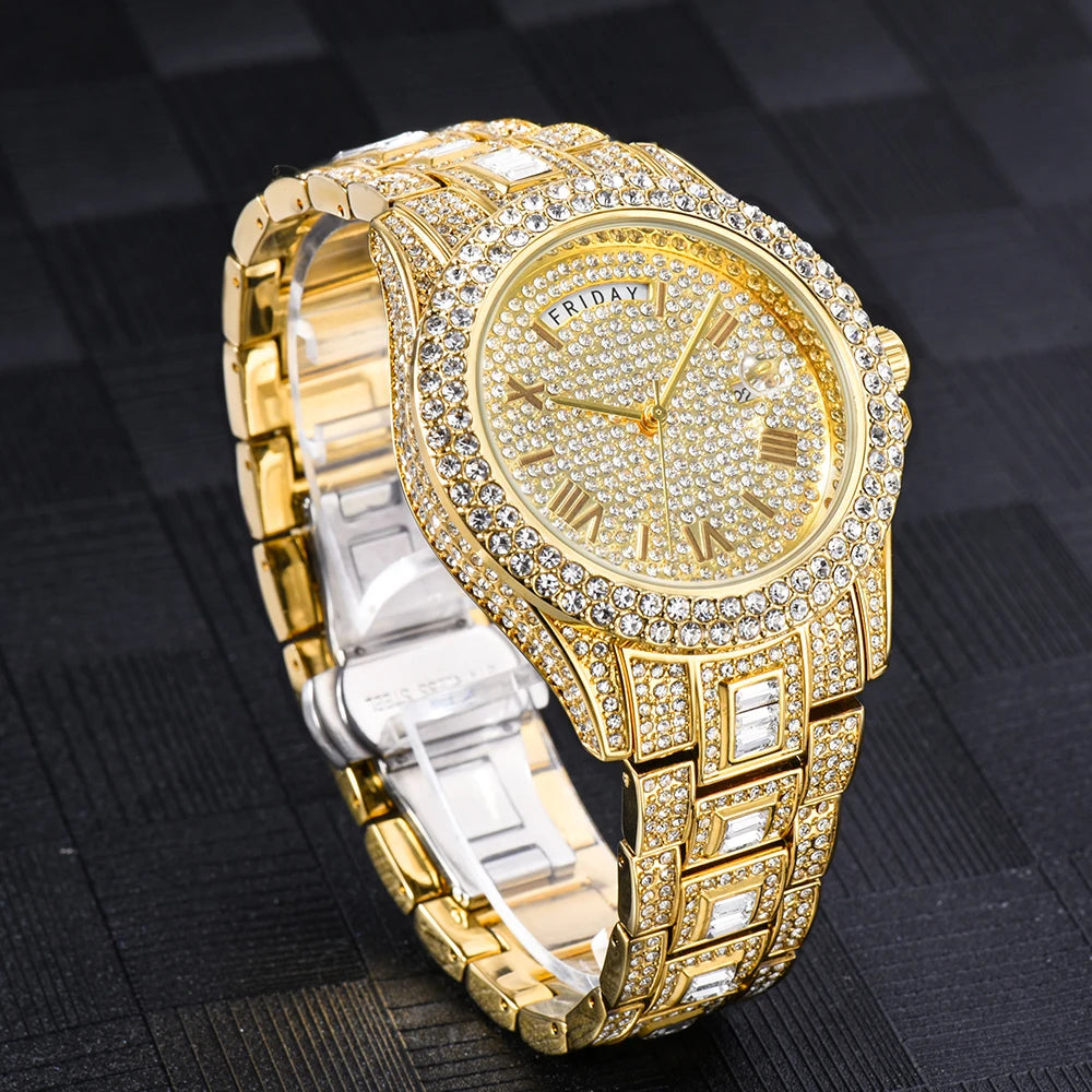 Vollvergoldete Eisuhr für Herren, Luxuriöse goldene Hip-Hop-Diamant-Quarz-Herrenuhren, Wasserdicht, Tagesdatum, Bestsellerprodukt 2023