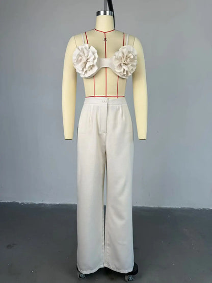 Joskaa Elegant 2 Piece Sets Women Sexy 3D Flower Crop Camisole and Straight Leg Pants Matching  Summer Vacation Streetwear