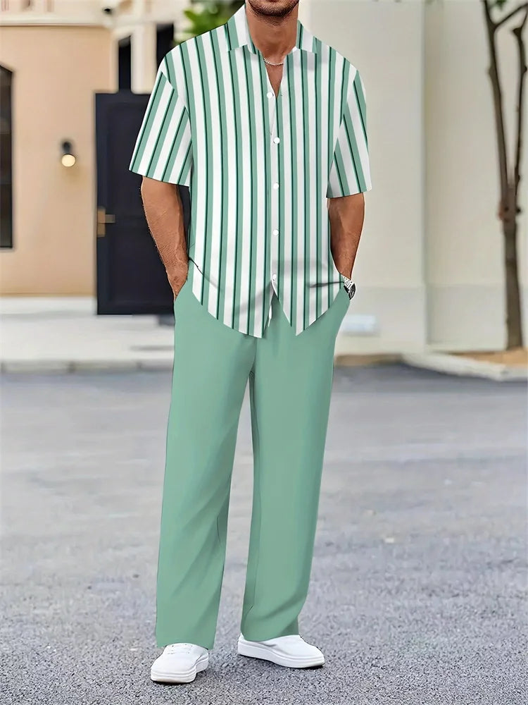 2025 Autumn Geometric Color Block Printed Short-sleeved Set, 2pcs Daily Casual And Loose Men's Shirt Set, Casual And Fashionable