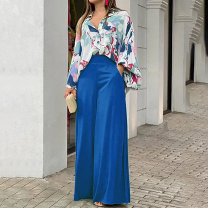 Spring Autumn New Women's Fashion Printed Single Breasted Shirt Solid Color Pants Casual Comfort Two Piece Set