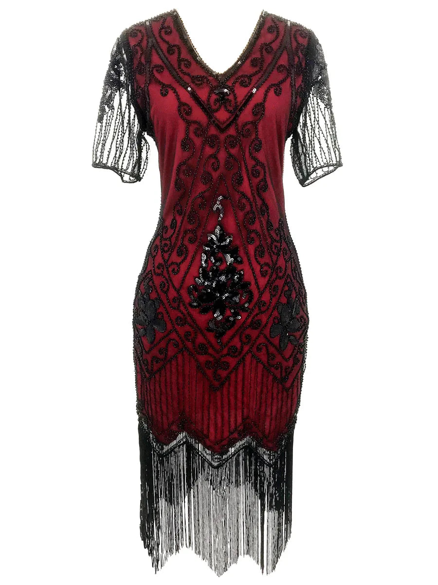 Embellished Beaded Sequin Dress Robe Vestidos Women 1920s Flapper Dress Vintage V Neck Butterfly Sleeve Long Great Gatsby Dress