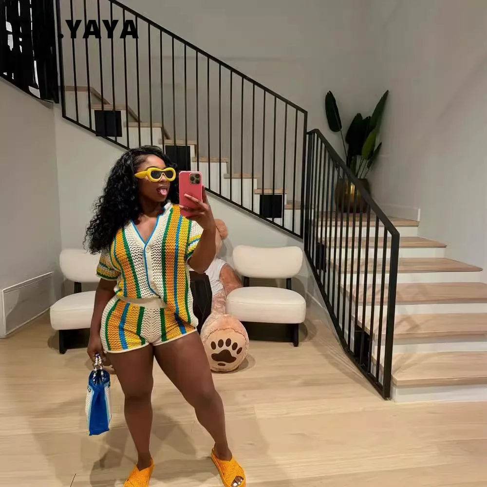 CM.YAYA Women's Set Striped Knitted Short Sleeve Button Shirt and Shorts  Summer Two 2 Piece Set Outfit Ribbed Tracksuit