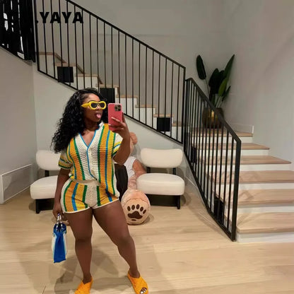 CM.YAYA Women's Set Striped Knitted Short Sleeve Button Shirt and Shorts  Summer Two 2 Piece Set Outfit Ribbed Tracksuit