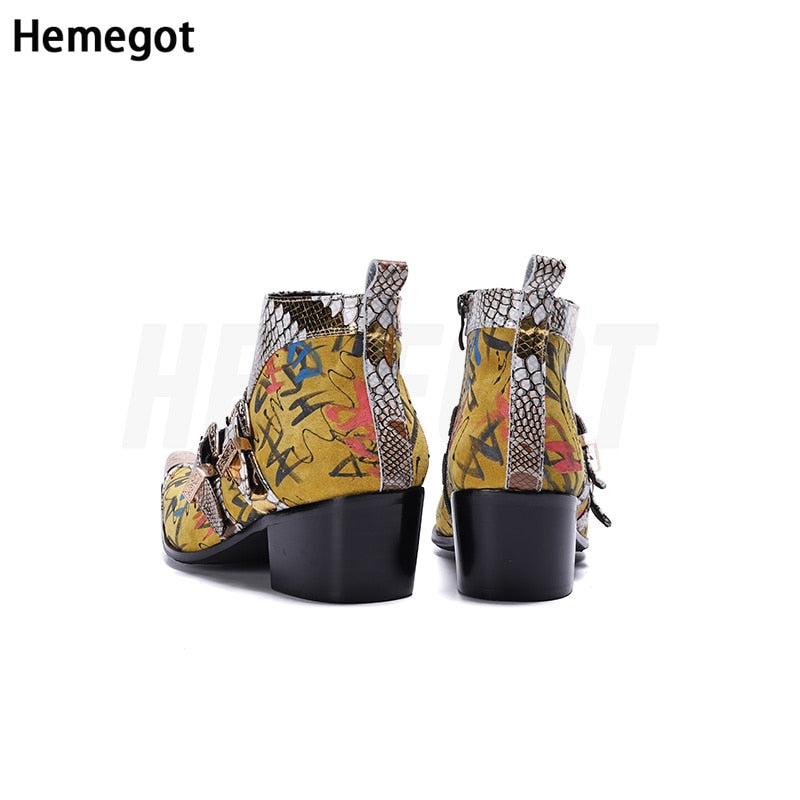 Pointed Toe Golden Snake Pattern Boots Men's Boots Trendy High-Heeled Men's Banquet Leisurely Leather Boots Euro Size 37-48