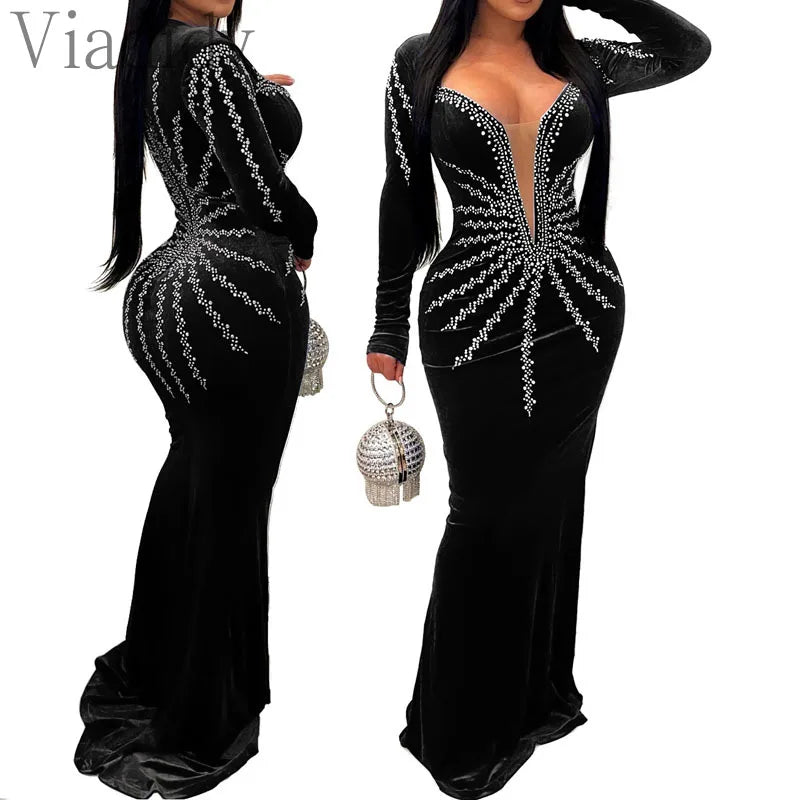 Women Sexy Velvet Mesh Rhinestone V-Neck Floor-Length Evening Party Dress Long Sleeve Back Zipper Mermaid Dresses