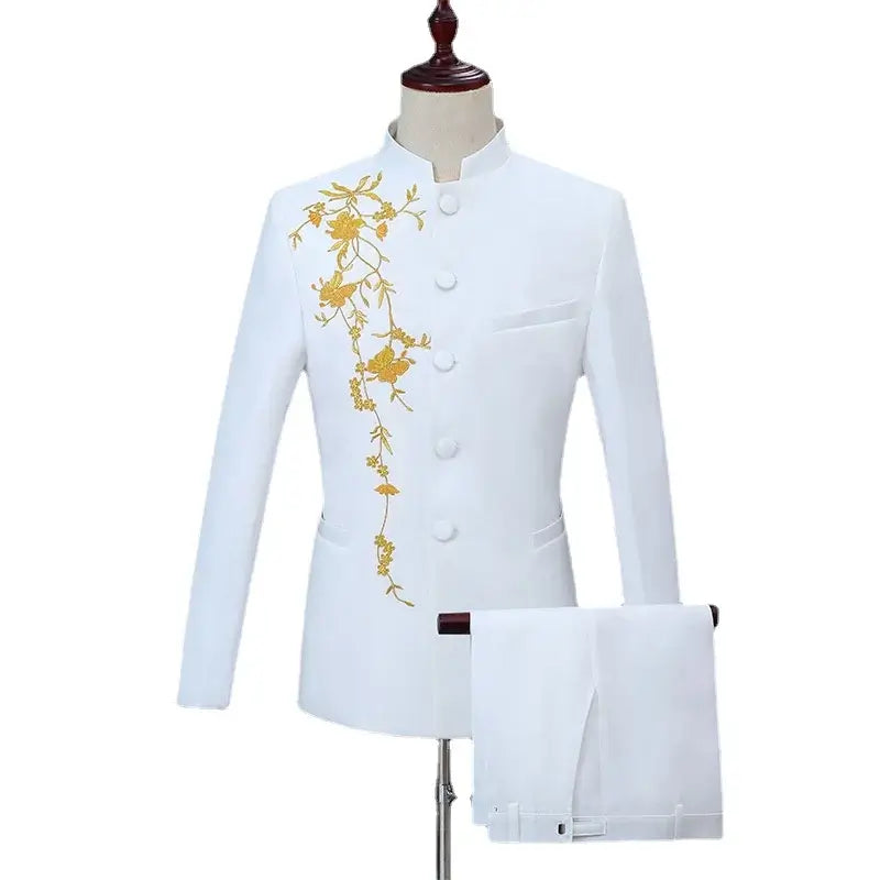 Neuer Herren Stehkragen Bestickter Anzug 2-teilig Schwarz / Weiß / Rot Mode Herren Bühne Party Perform Blazer und Hose