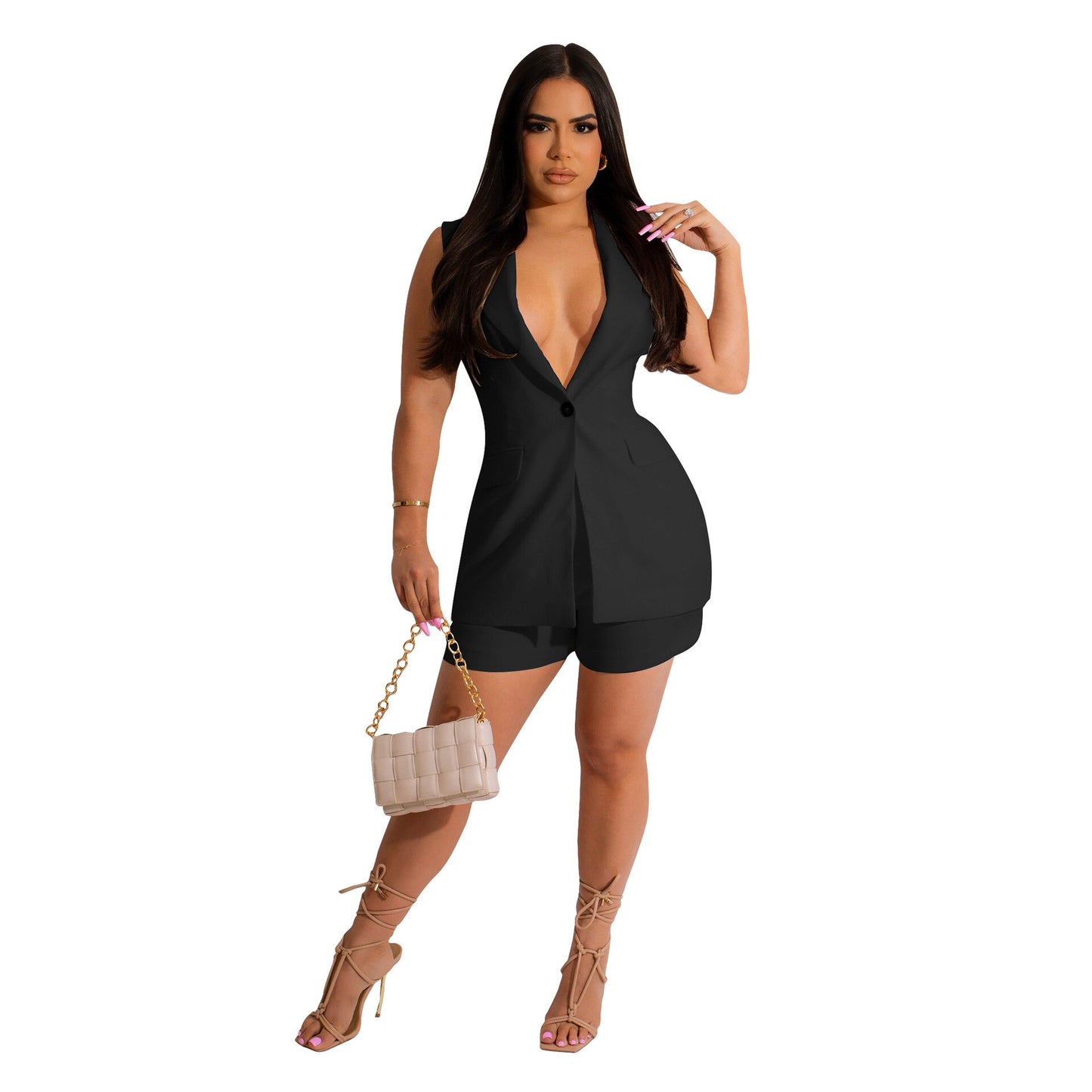 2023 Summer Fashion Women Blazer Two Piece Set Office Ladies Elegant Tracksuit Sleeveless Coat Shorts Casual 2 Piece Set Outfit