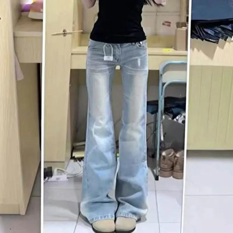 Light Wash Flared Jeans for Women Plus Size Lace Low Rise Floor Length Slim Fit Bell Bottom Pants Trendy Design for Curvy Ladies