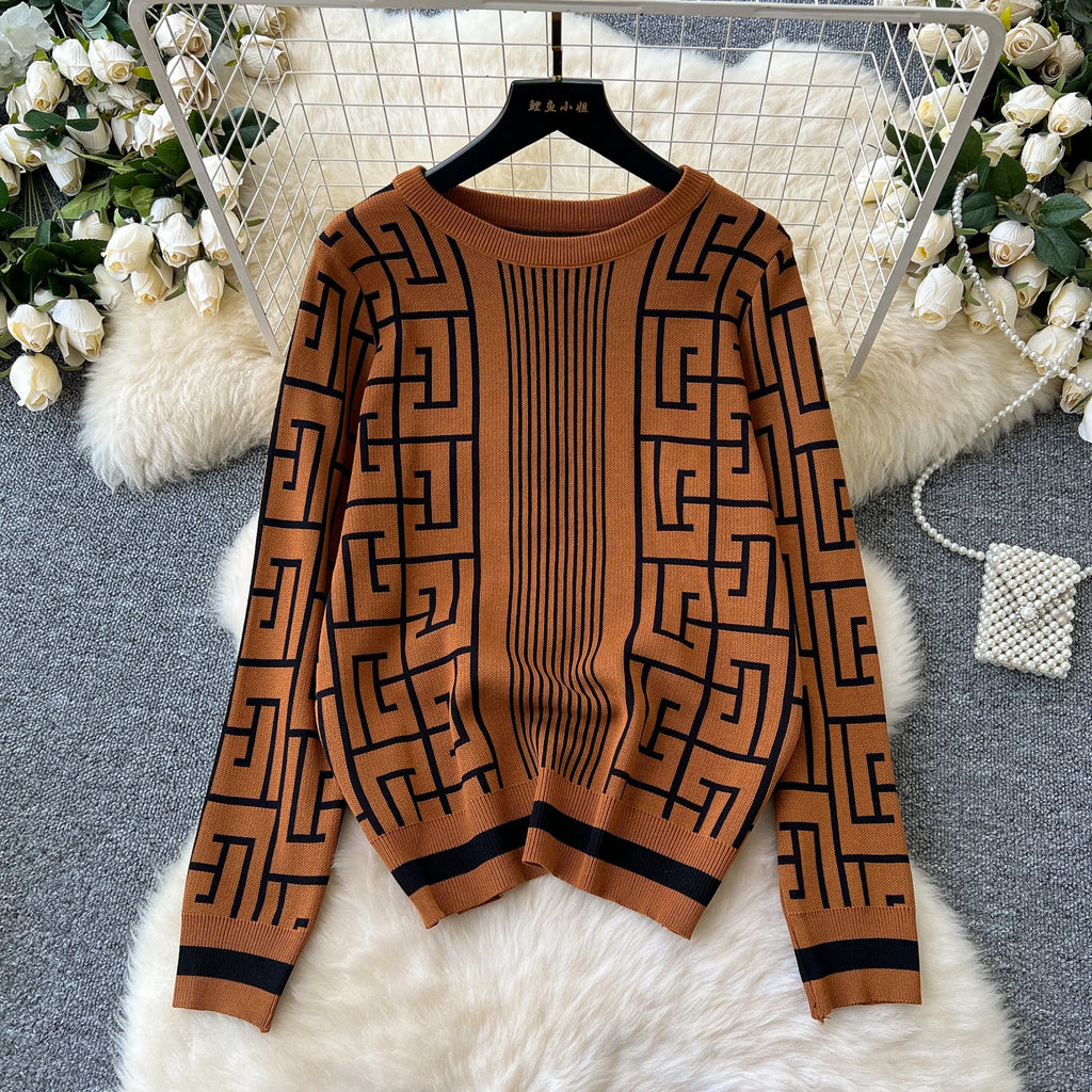 SINGREINY Geometric Maze Print Two Pieces Suits Autumn Winter O Neck Sweater+Long Pants Women Casual Fashion Knitting 2pcs Sets