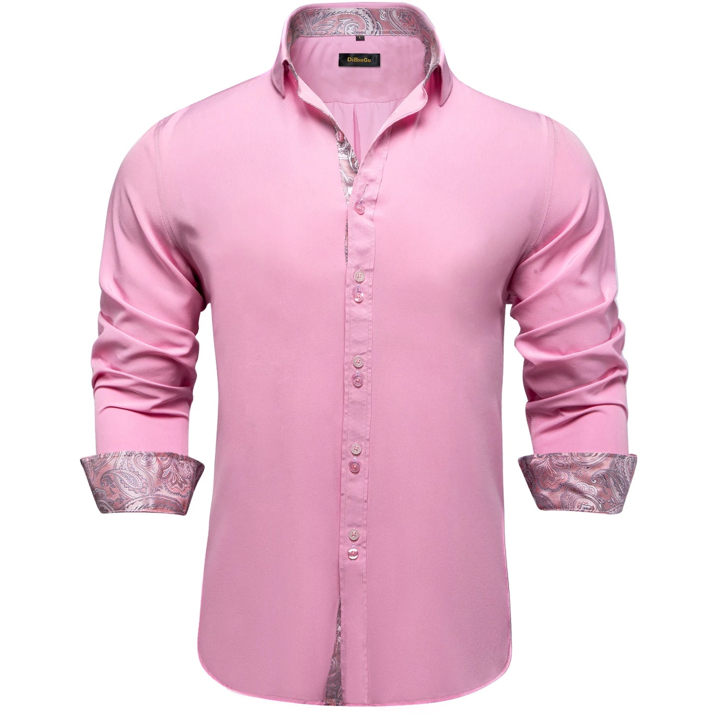 Men's Casual Long Sleeve Shirt with Inner Paisley Contrast Pattern Elegant Turn Down Collar Dress Shirt for Business Date Tops