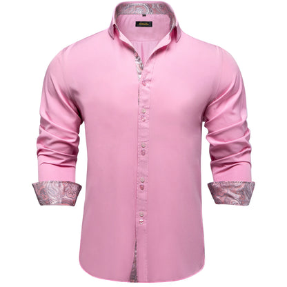 Men's Casual Long Sleeve Shirt with Inner Paisley Contrast Pattern Elegant Turn Down Collar Dress Shirt for Business Date Tops