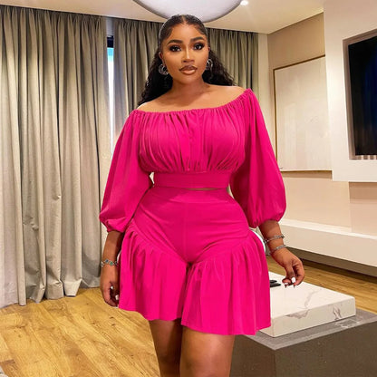 CM.YAYA Plus Size Women's Set Long Sleeve Slash Neck T-Shirt and Shorts  Summer Ruched Two 2 Piece Set Outfits Tracksuit